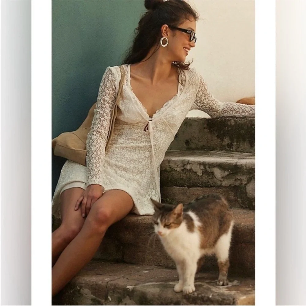 NEW Free People Petra Mini Dress Lace Long Sleeve Mini Dress Ivory